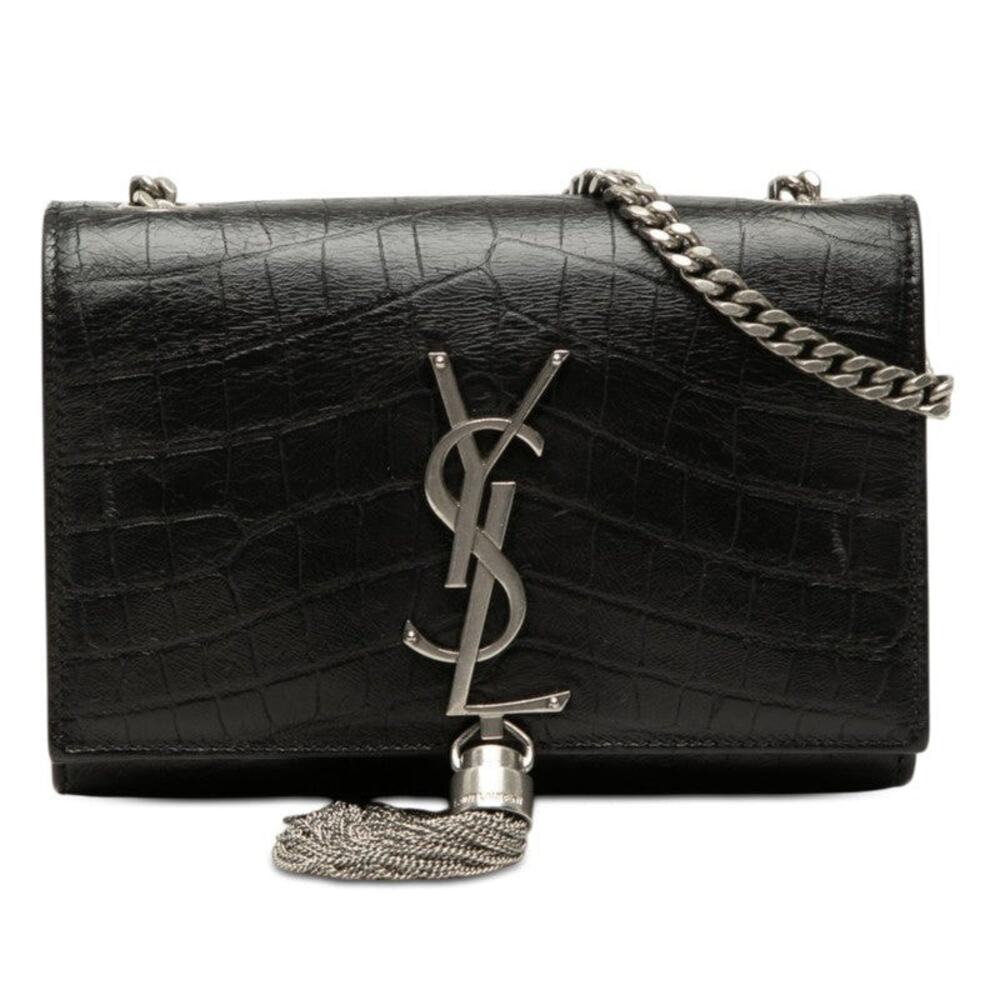 Saint Laurent YSL Logo Monogram Kate Croc-Embossed Chain Shoulder Bag Black